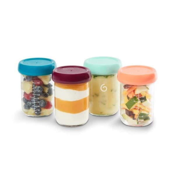 BABYMOOV Babybols set med 4 babyförvaringsburkar i glas 220ml, lufttäta och omskrivbara lock, graderad