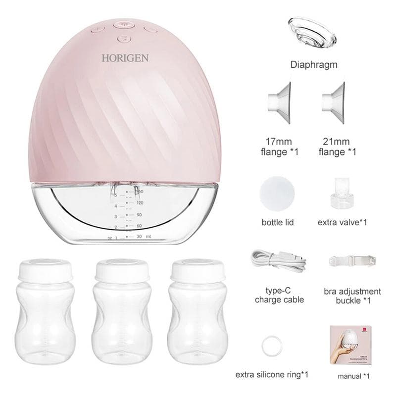 Bärbar bröstpump - Hands Free elektrisk bröstpump med 17mm/21mm/25mm silikonflänsar och 3 flaskor - rosa