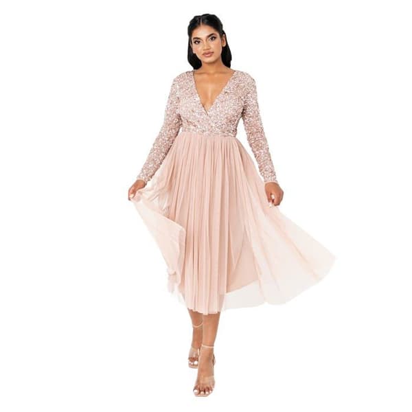 Ceremoni - cocktail - bröllopsklänning Maya deluxe - EG024-MIDI-MM-TAUPEBLUSH