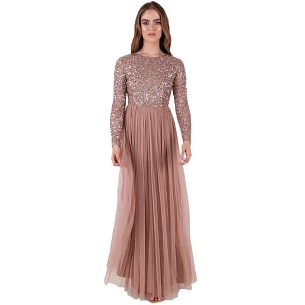 Maya deluxe - AZBR1803-MM-PMAUVE - Taupe Blush Utsmyckad Långärmad Maxiklänning Dam Brudtärnklänning,