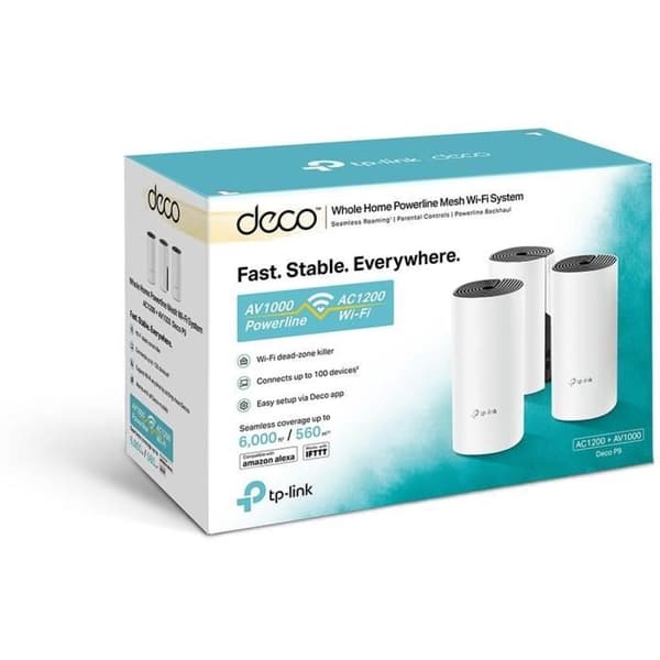 Mesh WiFi + 1000 Mbps Powerline - TP-Link Deco P9 (3-pack) - WiFi-system - 400 WiFi-täckning - 2 Gigabit Ethernet-portar