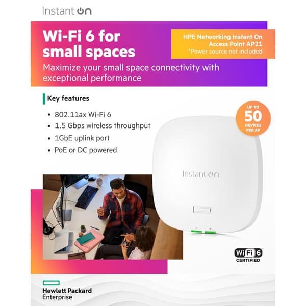 Trådlös åtkomstpunkt - HPE Networking - Instant On AP21 (RW) - Wi-Fi 6 - 2.4/5 GHz - Tak-/väggmonterbar