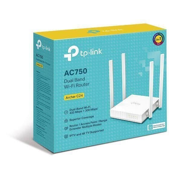 TP-Link Archer C24 Ac750 Dual Ap/Router Wifi Router, 4x Lan, 1x Wan/ 300mbps 2.4/ 433mbps 5ghz, Right To Plug, Indoor, A