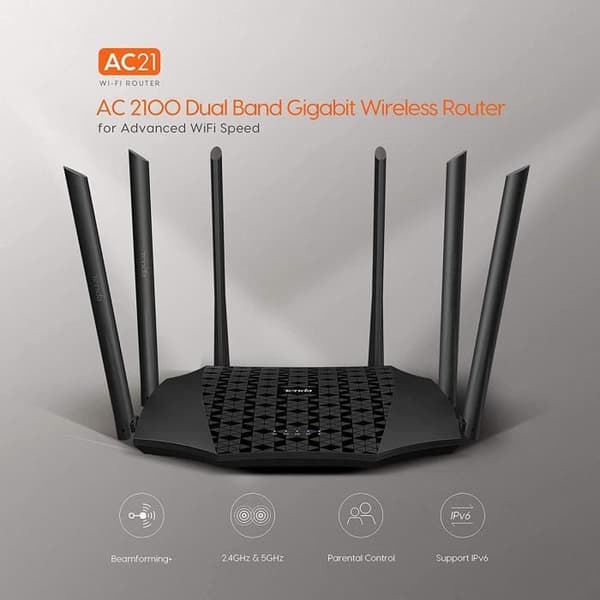 TENDA AC2100 dual band WiFi-router, Gigabit-portar, Enkel konfiguration, USB 2.0, MU-MIMO, IPv6, perfekt för spel, streaming. AC21