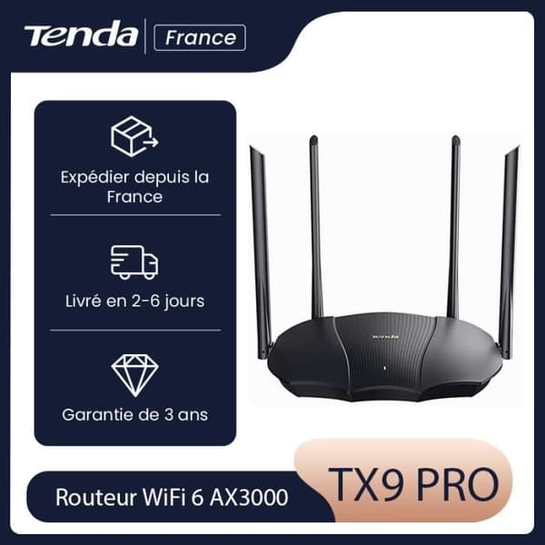 TENDA AX3000 Dual Band WiFi 6 Router, 1,6 GHz Dual Core CPU, OFDMA+MU-MIMO, Fjärrkontroll, Föräldrakontroll, TX9 pro Svart