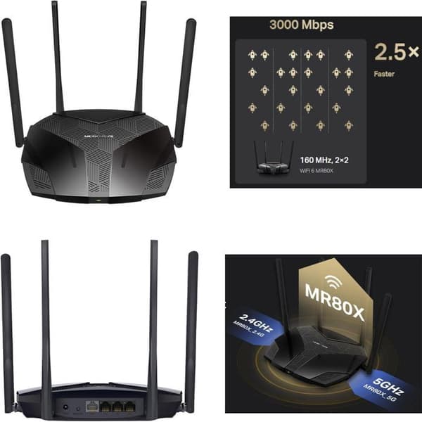 WiFI 6 AX3000Mbps router - MERCUSYS MR80X - Dual Band - 160 MHz kanal - 4 5dBi-antenner, MU-MIMO, WPA3 - 4 Gigabit-portar