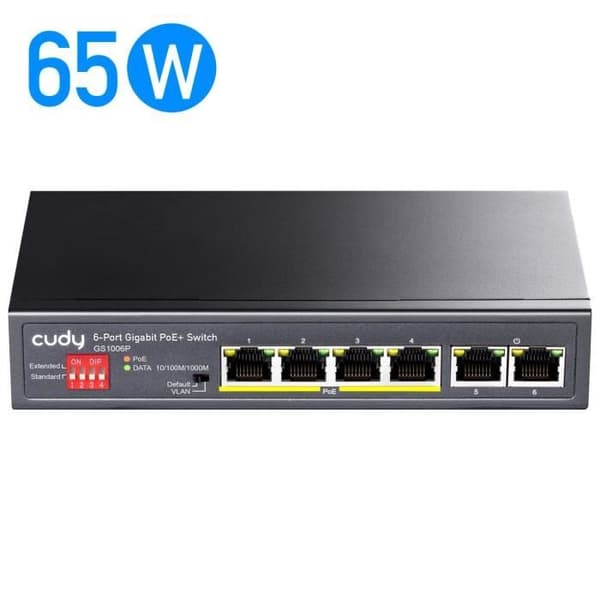 Cudy GS1006P Switch PoE+ 6 portar Gigabit, 65 W, 4 * 10-100-1000Mbps PoE+ portar, CCTV-VLAN-läge, 802.3af- 802.3at
