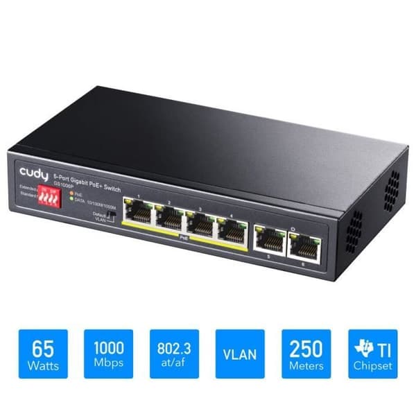 Cudy GS1006P Switch PoE+ 6 portar Gigabit, 65 W, 4 * 10-100-1000Mbps PoE+ portar, CCTV-VLAN-läge, 802.3af- 802.3at