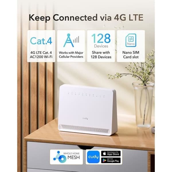 4G LTE-router - CUDY - LT500E - Dubbelbandigt Wi-Fi AC1200 - Hastighet upp till 300 Mbps - Ethernet-portar 100 Mbps