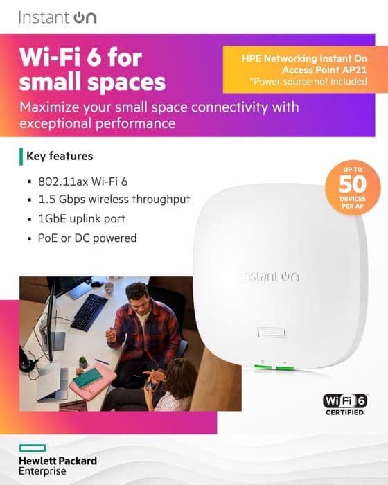Trådlös åtkomstpunkt - HPE Networking - Instant On AP21 (RW) - Wi-Fi 6 - 2.4/5 GHz - Tak-/väggmonterbar