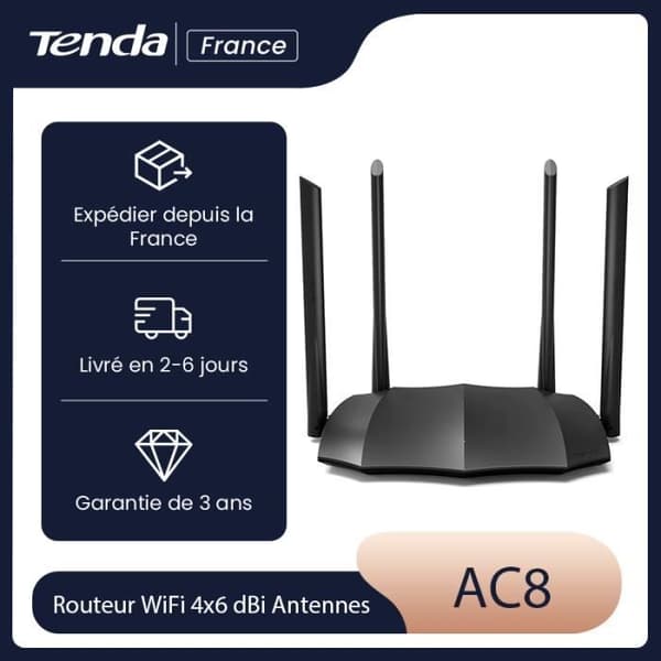 TENDA AC1200 Dual Band WiFi-router, 867 Mbps vid 5 GHz, enkel installation, 4x6 dBi-antenn, 4 Gigabit-portar, IPv6, 1 GHz CPU. AC Svart