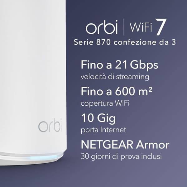WiFi 7 Mesh-system - NETGEAR - Orbi RBE873 - Router + 2 satelliter - Täckning 600 m² - 150 enheter