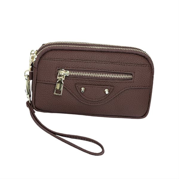 INF Kvindernes ægte læder Clutch pung med dobbelt lynlås