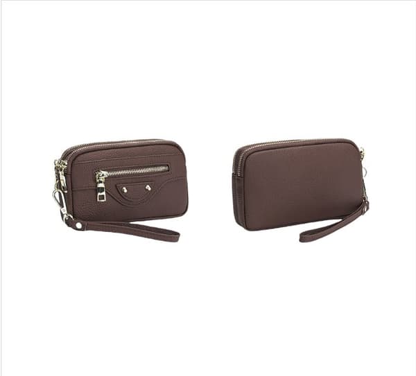 INF Kvindernes ægte læder Clutch pung med dobbelt lynlås