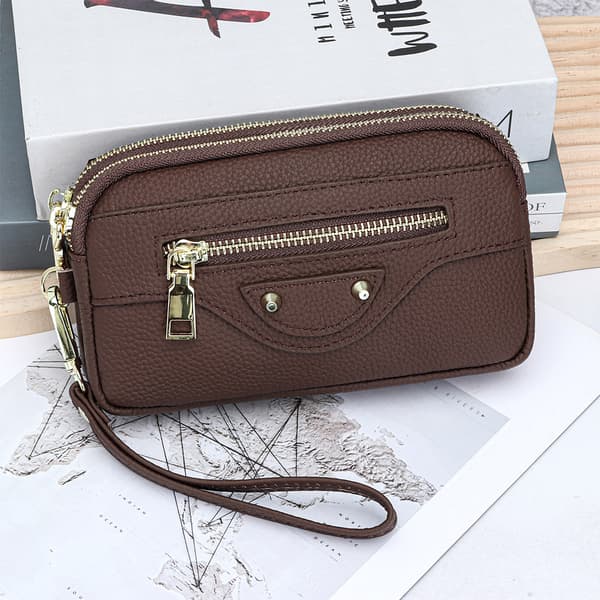 INF Kvindernes ægte læder Clutch pung med dobbelt lynlås
