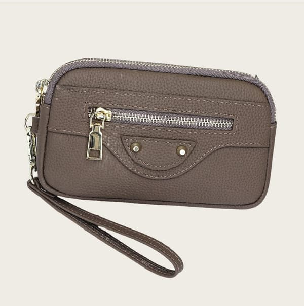INF Kvindernes ægte læder Clutch pung med dobbelt lynlås