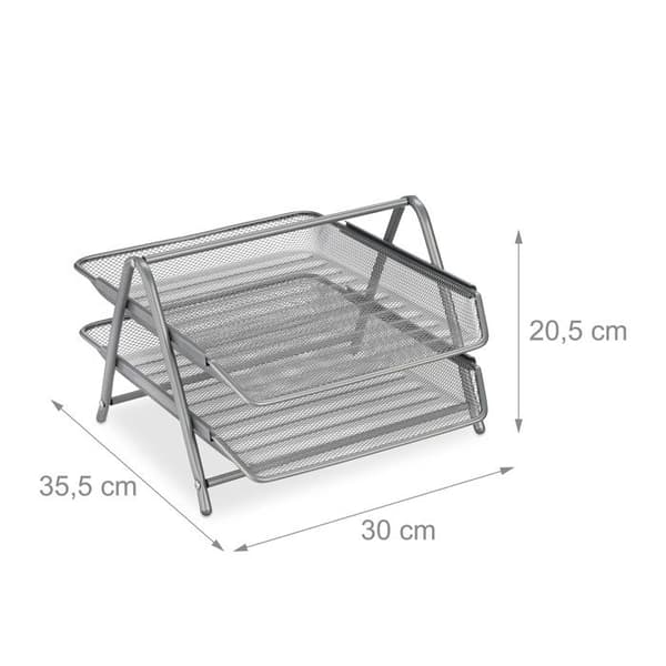 Relaxdays Dokumentorganiser, 2 nivåer, metallkontorsorganiserare, HxLxP: 20,5 x 30 x 35,5 cm, nätutseende, silver