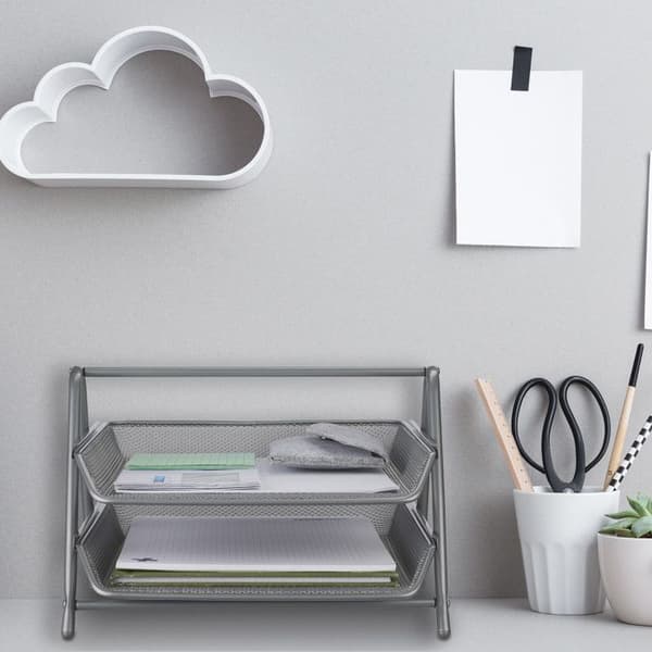 Relaxdays Dokumentorganiser, 2 nivåer, metallkontorsorganiserare, HxLxP: 20,5 x 30 x 35,5 cm, nätutseende, silver