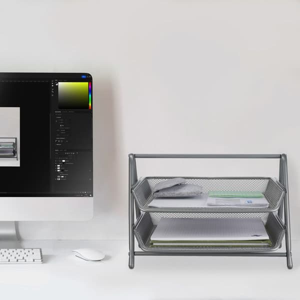 Relaxdays Dokumentorganiser, 2 nivåer, metallkontorsorganiserare, HxLxP: 20,5 x 30 x 35,5 cm, nätutseende, silver