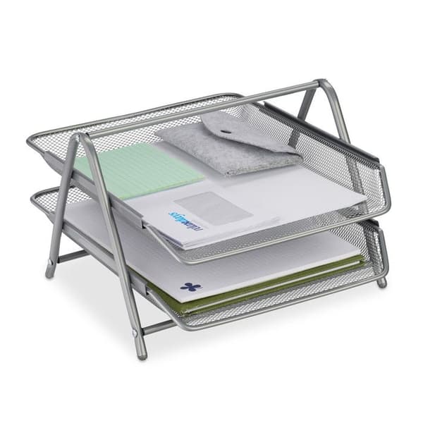 Relaxdays Dokumentorganiser, 2 nivåer, metallkontorsorganiserare, HxLxP: 20,5 x 30 x 35,5 cm, nätutseende, silver