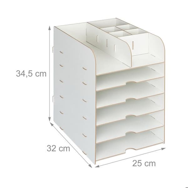 Relaxdays skrivbord organiserare för dokument, 12 fack, HxLxP: 34,5 x 25 x 32 cm, Förvaring MDF, vit