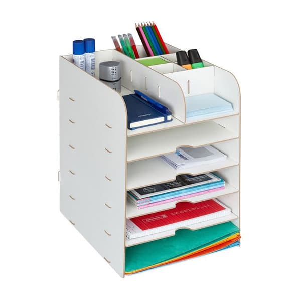 Relaxdays skrivbord organiserare för dokument, 12 fack, HxLxP: 34,5 x 25 x 32 cm, Förvaring MDF, vit