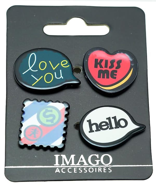 4 st Pins / Brosch / Knapp - Hello, Kiss Me, Love You & Dollar