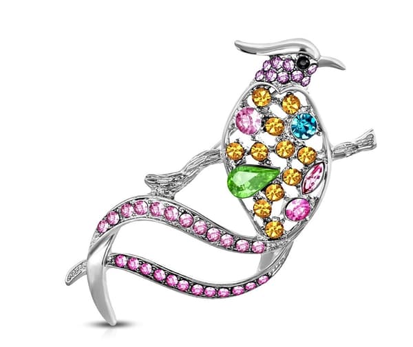 Brosch Papegoja med Flerfärgade Cubic Zircon i Silver Färg