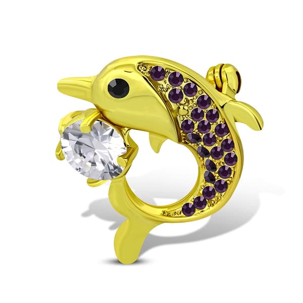 Brosch Delfin med Lila & Vit Cubic Zircon i Guld Färg
