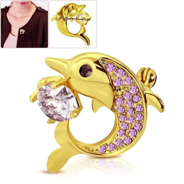 Brosch Delfin med rosa & vit Cubic Zircon i Guld Färg