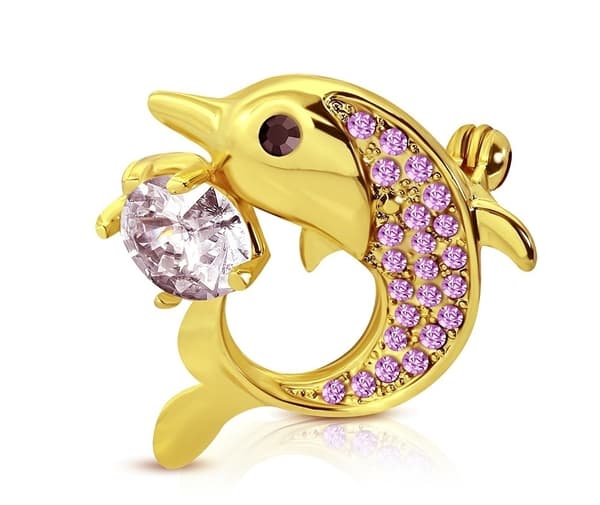 Brosch Delfin med rosa & vit Cubic Zircon i Guld Färg