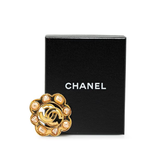 Pre-owned Chanel Gold Plated Faux Pearl CC Brooch Gold