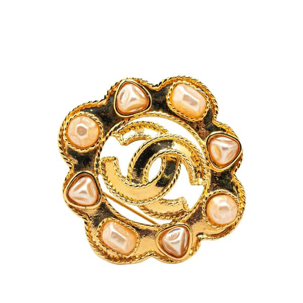 Pre-owned Chanel Gold Plated Faux Pearl CC Brooch Gold