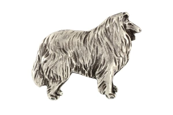 Pitkäkarvainen skottipaimenkoira, karkea collie - hopeoitu koiran rintakoru, tyylikäs pinssi, Art-Dogin takin käänne