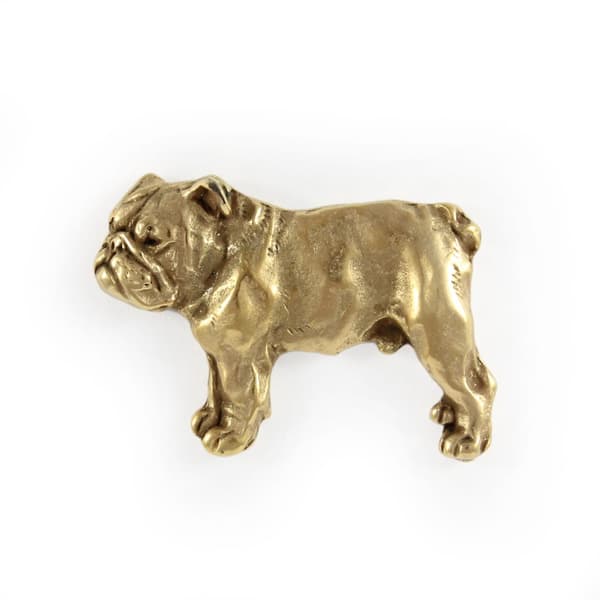 Englantibulldoggi, Bulldog I - rintakoru koiralla koristelaatikossa, tyylikäs kullattu pinssi, Art-Dogin takkineula