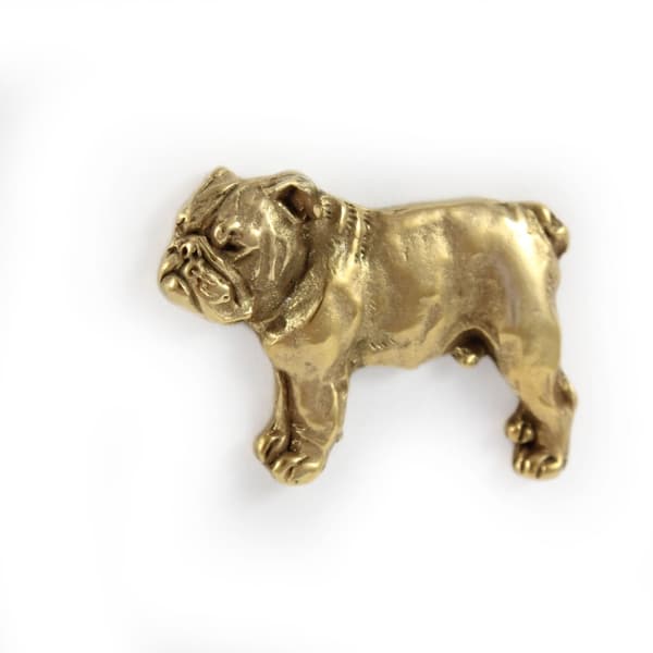 Englantibulldoggi, Bulldog I - rintakoru koiralla koristelaatikossa, tyylikäs kullattu pinssi, Art-Dogin takkineula