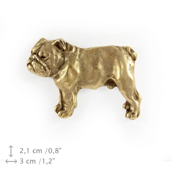 Englantibulldoggi, Bulldog I - rintakoru koiralla koristelaatikossa, tyylikäs kullattu pinssi, Art-Dogin takkineula