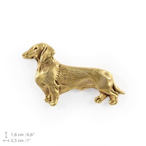 Gravhund - en hundebroche i en dekorativ æske, en elegant guldbelagt nål, en jakkenål fra Art-Dog