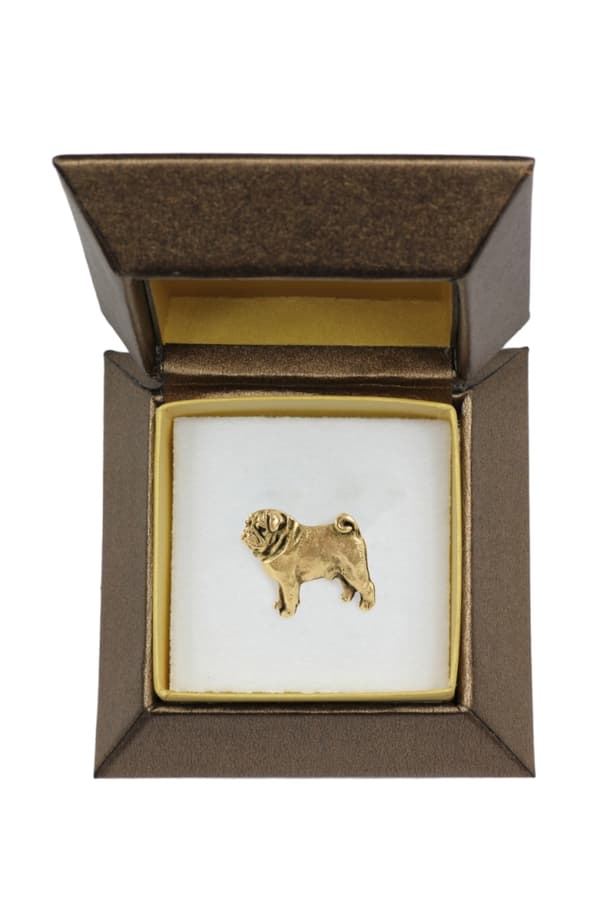 Pug, Pug, Carlin - en hundebroche i en dekorativ æske, en elegant guldbelagt nål, en jakkenål fra Art-Dog