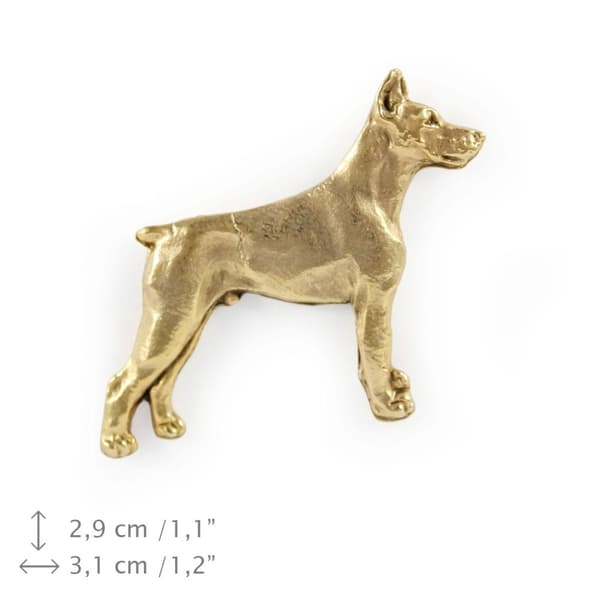 Doberman, Dobermann - en broche med en hund i en dekorativ æske, en elegant guldbelagt nål, en jakkenål fra Art-Dog