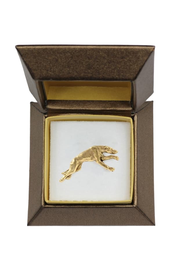 Greyhound, engelsk Greyhound - broche med en hund i en dekorativ æske, elegant forgyldt nål, jakkenål fra Art-Dog