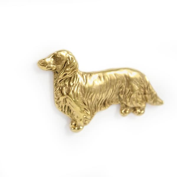 Dachshund III - hundbrosch i en dekorativ ask, elegant guldpläterad nål, Art-Dog jacka pin