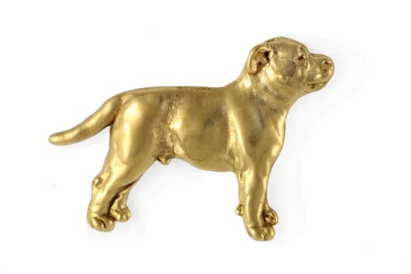 Staffordshiren bullterrieri, Staffik, Staffi II - koiran rintakoru koristelaatikossa, tyylikäs kullattu pinssi, Art-Dog takkineula