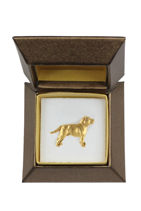 Staffordshiren bullterrieri, Staffik, Staffi II - koiran rintakoru koristelaatikossa, tyylikäs kullattu pinssi, Art-Dog takkineula