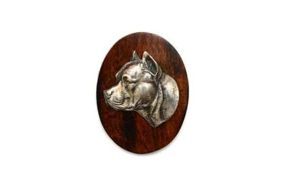 Amerikkalainen staffordshiren terrieri, Amstaff, Amstaf II - koiranäyttelyn rintakoru, aloitusnumeroklipsi, Art-Dog koiran pinni