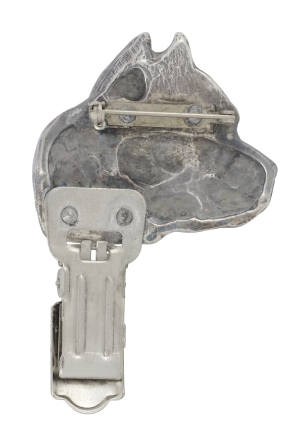 American Staffordshire terrier, Amstaff, Amstaf I - broche med clips, startnummerholder, forsølvet nål til hundeudstillinger af Art-Dog