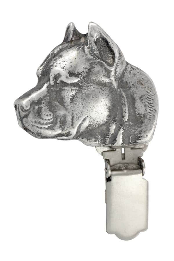 American Staffordshire terrier, Amstaff, Amstaf I - broche med clips, startnummerholder, forsølvet nål til hundeudstillinger af Art-Dog