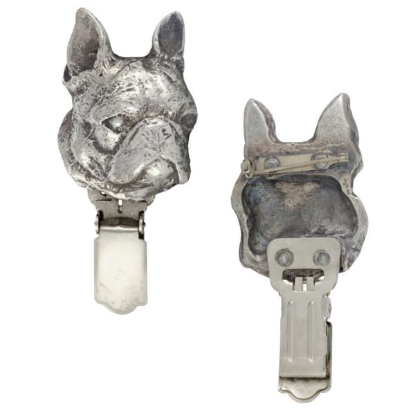 Bostoninterrieri, bostonbullterrieri - rintakoru klipsillä, aloitusnumeron pidike, hopeoitu neula koiranäyttelyihin Art-Dog