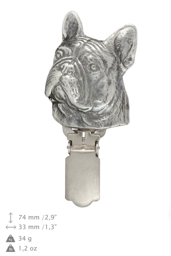Ranskanbulldoggi - rintakoru klipsillä, aloitusnumeron pidike, hopeoitu neula koiranäyttelyyn Art-Dog