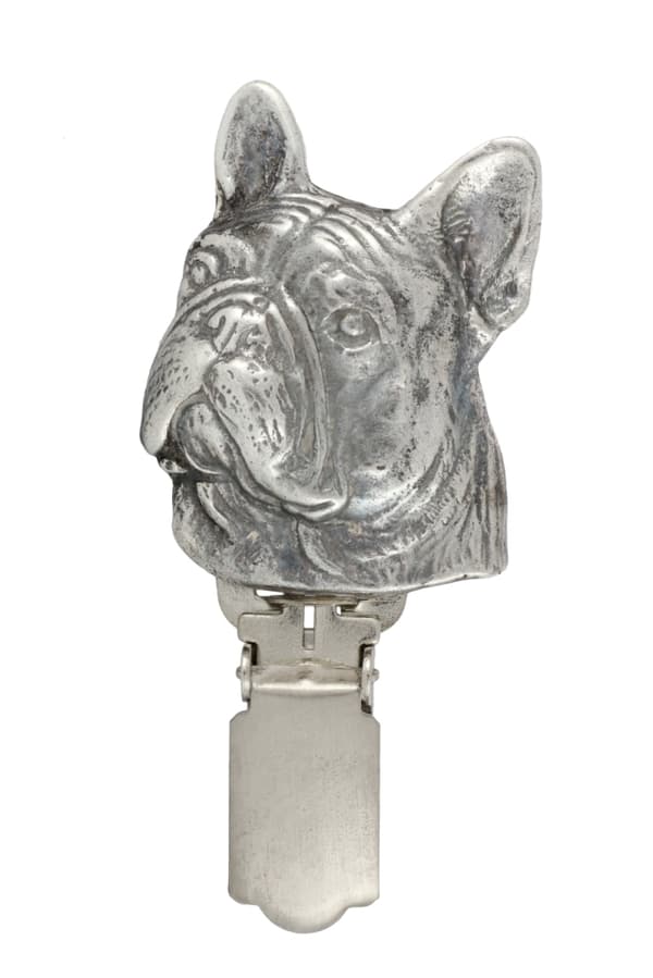 Ranskanbulldoggi - rintakoru klipsillä, aloitusnumeron pidike, hopeoitu neula koiranäyttelyyn Art-Dog